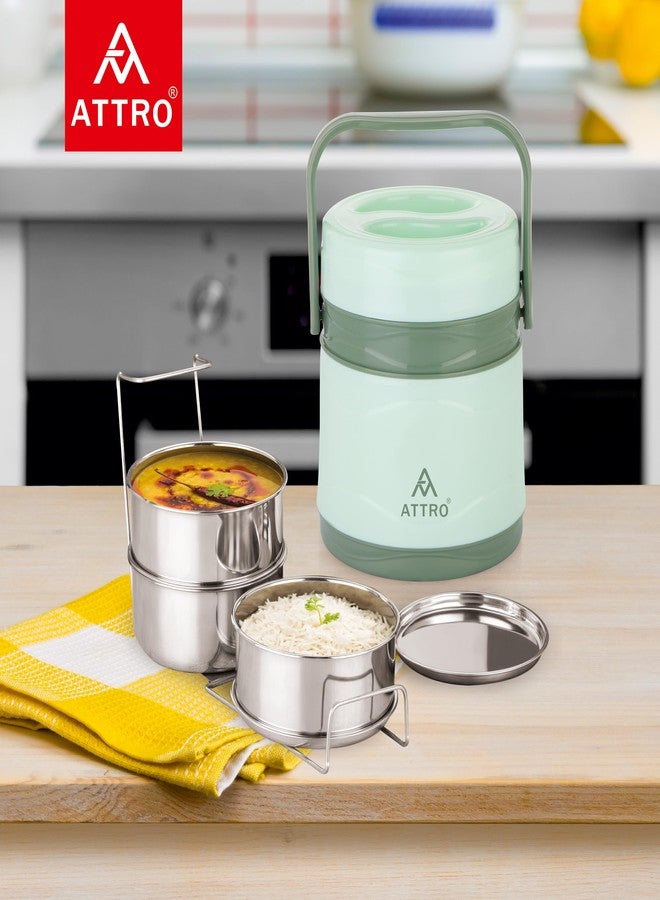 ATTRO Vogue 3 Insulated Stainless Steel Tiffin - 3 Tier Lunch Box with Carry Handle, BPA-Free, Leak-Proof & Durable, Ideal for School, Office, Home, Travel, Picnic & Daily Use - Green - Image 2